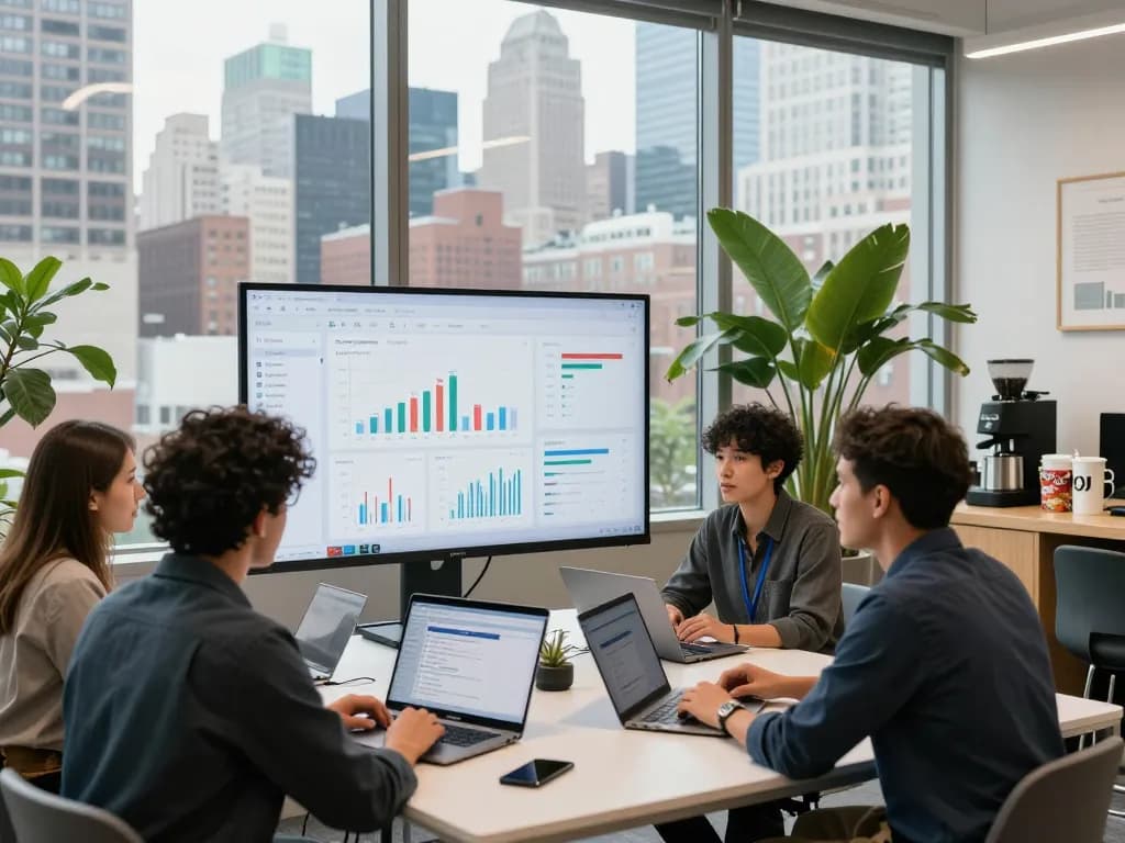 Local SEO NYC professionals collaborating in a modern workspace, analyzing strategies.