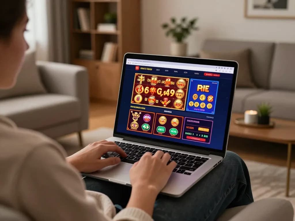 Engagement with online gaming at alo8 with a vibrant casino interface on a laptop, inviting home setup.
