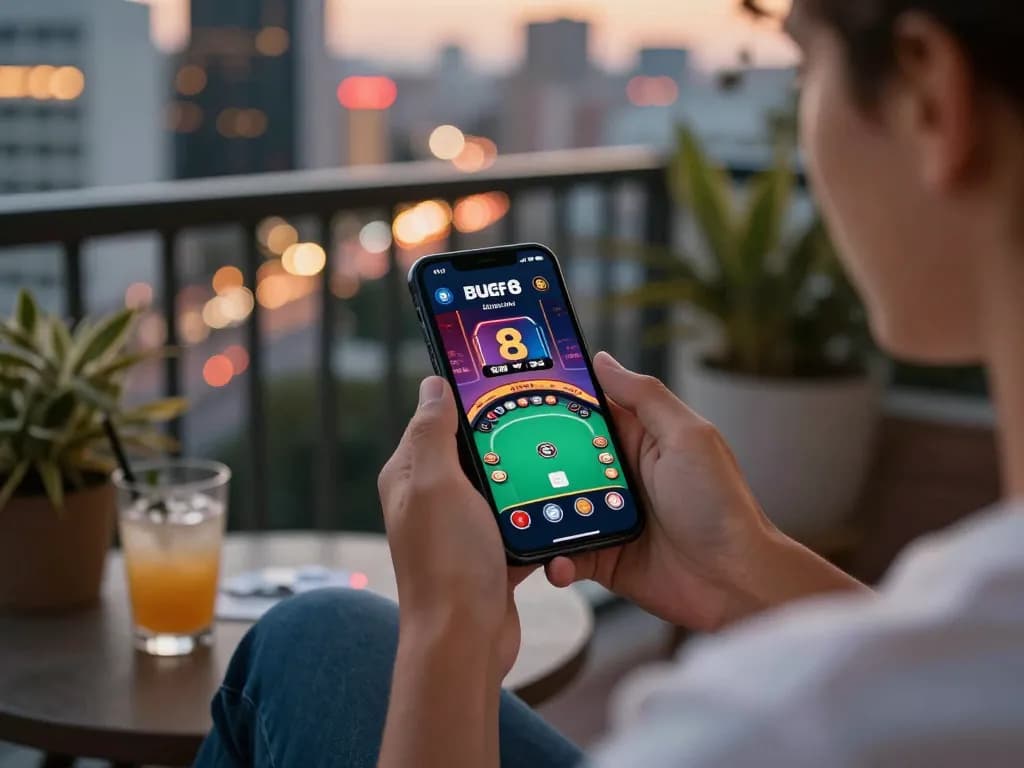Engaging gameplay on bugatti8 app with a player enjoying poker on a smartphone.