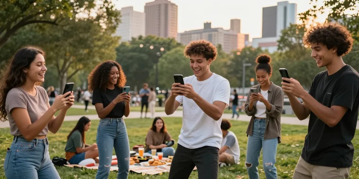 People engaging with TikTok, illustrating what makes people follow you on TikTok in a vibrant city park atmosphere.