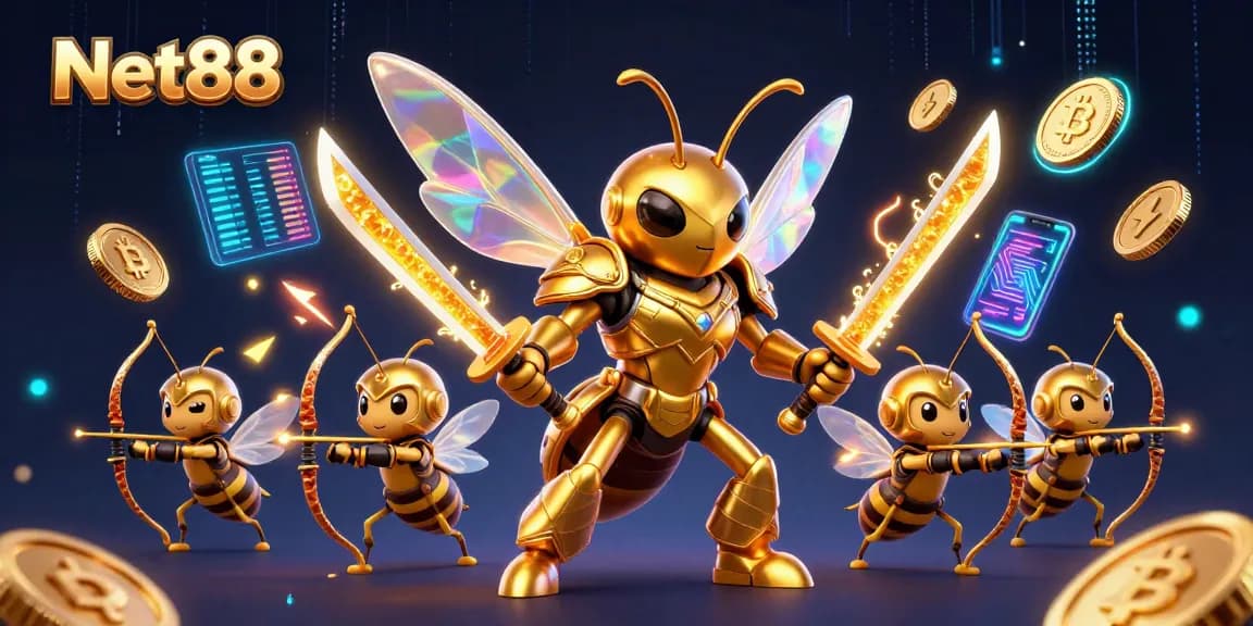 Engage in thrilling Net88 gaming with vibrant hornet warriors and crypto visuals.