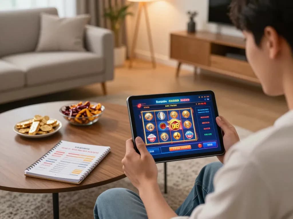 Bongdalu user enjoying online betting experience on tablet in a cozy living room setting.