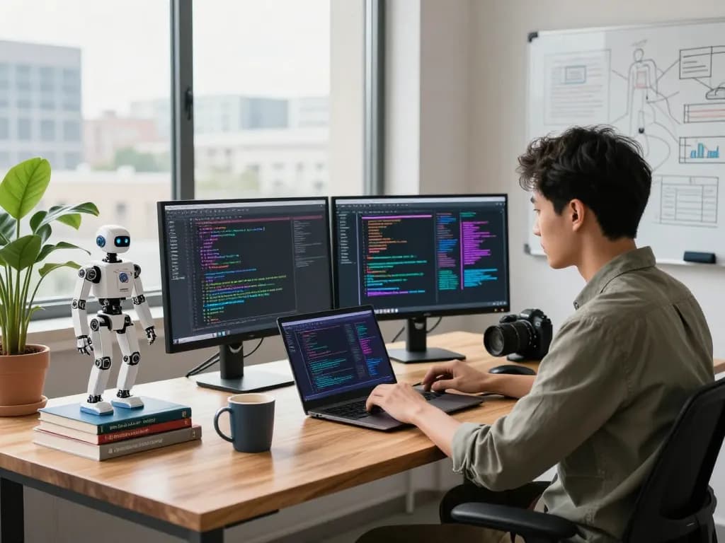 Developer using openclawd AI tools at a modern workspace with dual monitors and coding books.