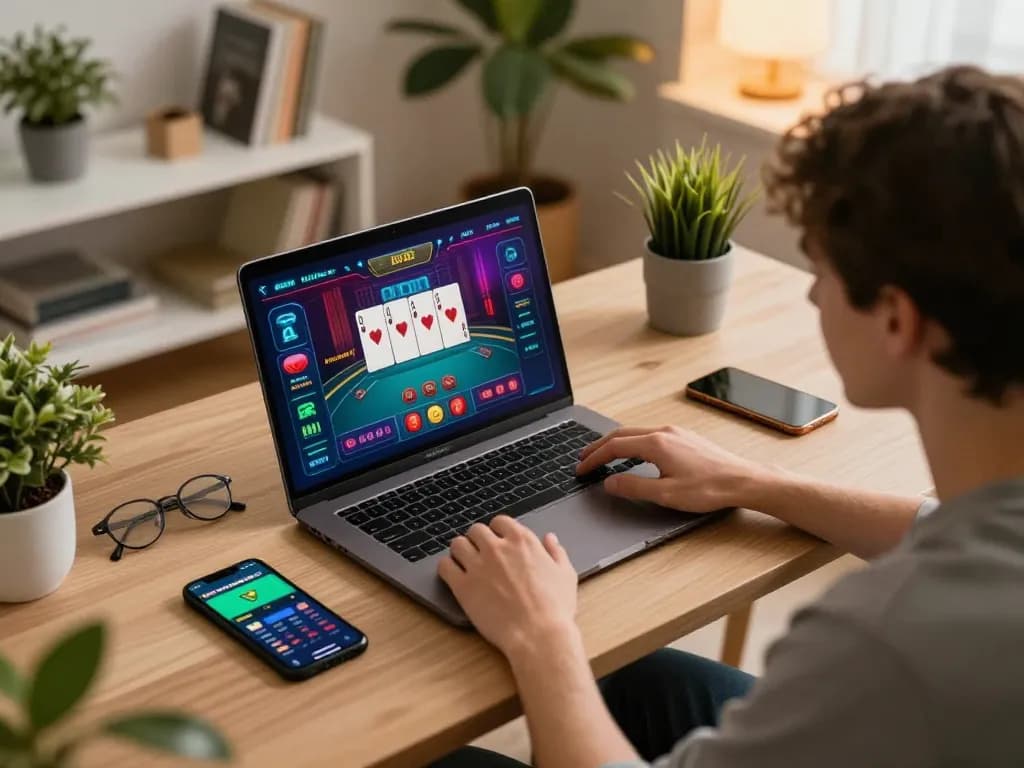 Engaging moment of a user playing ax88 online poker on a laptop, showcasing vibrant game graphics and a comfortable home environment.