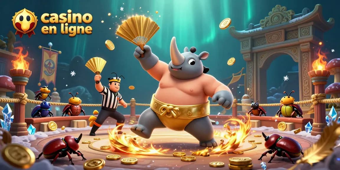 Casino en ligne : Un rhinocéros sumo lançant des pièces d'or dans une arène vibrante.