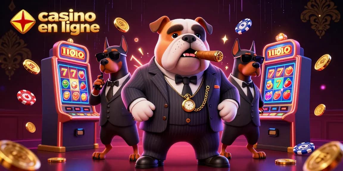 Illustration d'un casino en ligne avec un bouledogue mafia, des Dobermans et des machines à sous colorées.