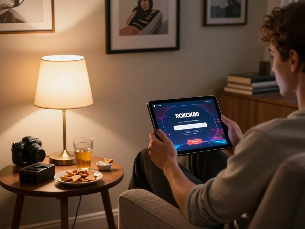 Engage with ROKOK88 login at home, enjoying an online casino experience in a cozy setting.