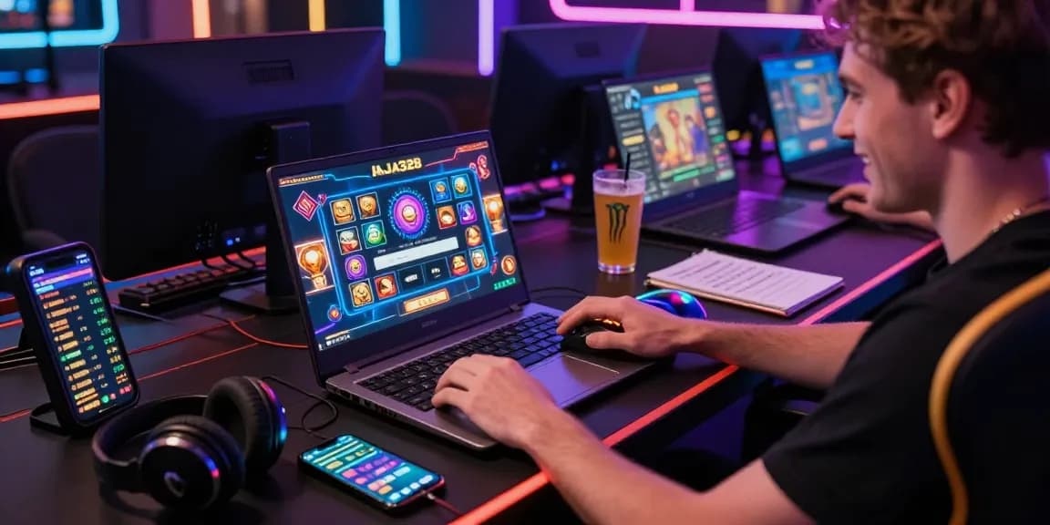 Engaged gamer enjoying raja328 online casino experience in a vibrant setup.