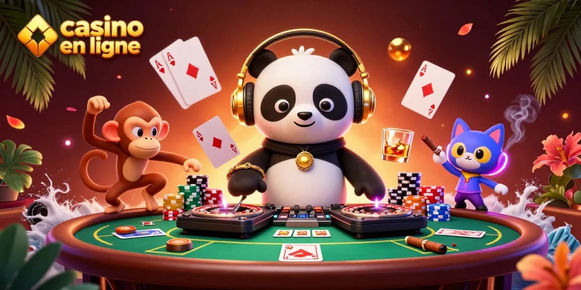 Vue dynamique d'un casino en ligne avec DJ panda, singe dansant et chat en rave, entourés de jeux de poker.