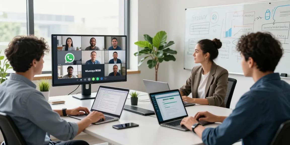 Team discussing WhatsApp網頁版 features in a modern office during a video call.