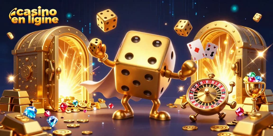 Plongez dans l'univers des casinos en ligne avec une illustration 3D de personnages animés entourés de trésors et de jeux de casino.