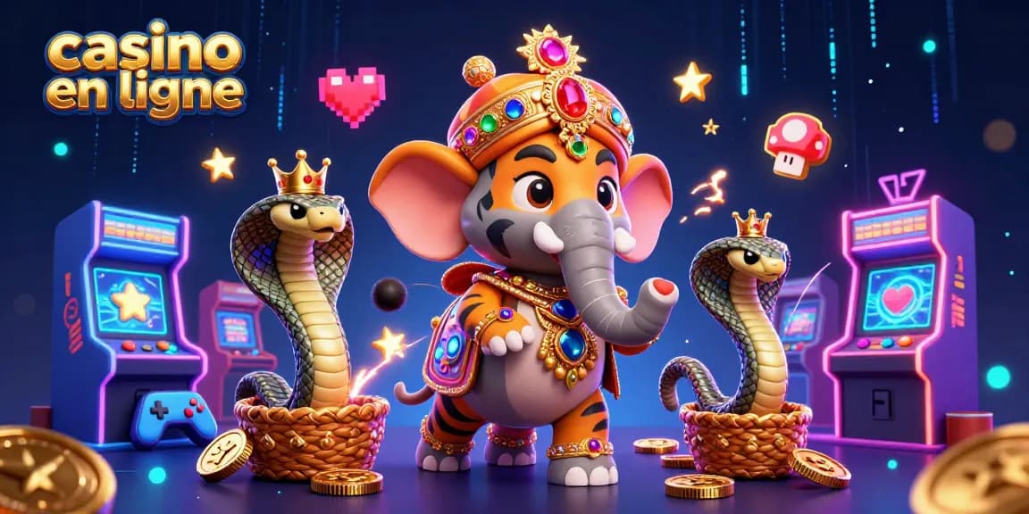 Jouez sur un casino en ligne avec des personnages colorés et des machines à sous étincelantes.