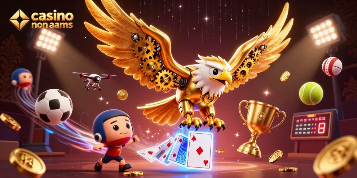 Giocatori che scommettono nei casinò non AAMS con un'aquila dorata e carte olografiche volanti.