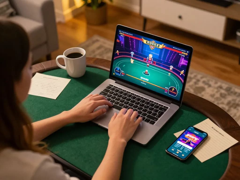 Player enjoying an online poker game on laptop, showcasing 789win77 casino atmosphere and strategy.