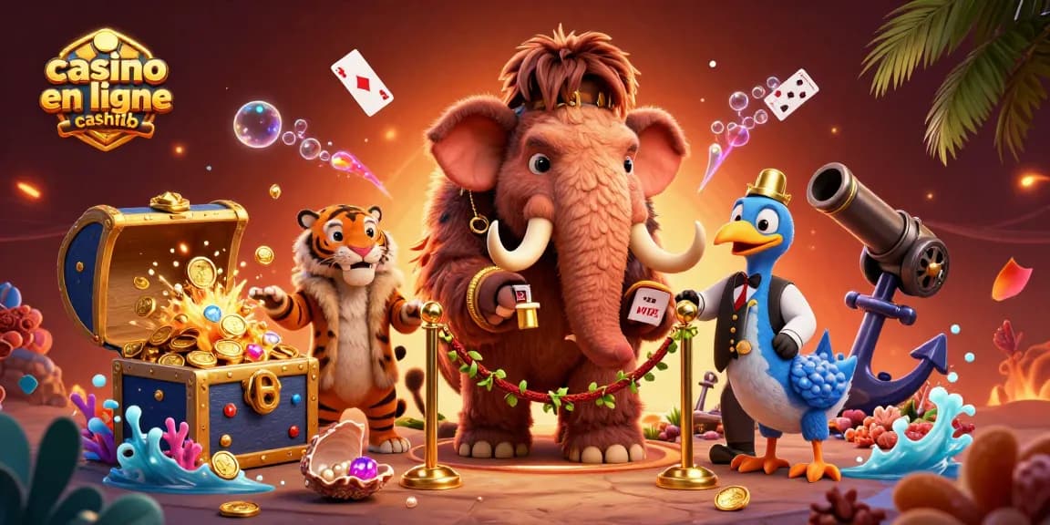 Casino en ligne cashlib : un mammouth gardien de casino, un tigre VIP en fourrure, un oiseau dodo à l'entrée.