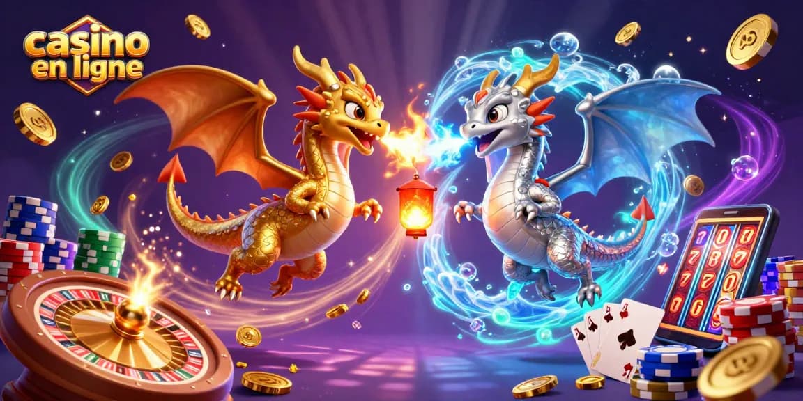 Jouez à des jeux excitants sur casino en ligne avec des dragons, des pièces d'or et des cartes à jouer.