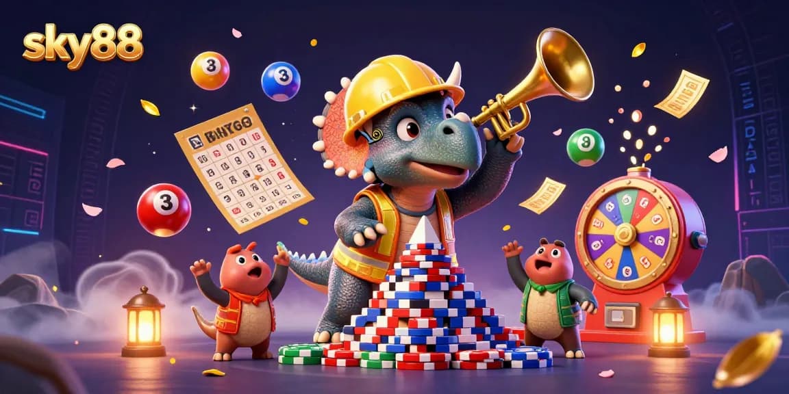 Engage with thrilling gambling action at sky88 with dynamic casino elements in a vibrant 3D illustration.