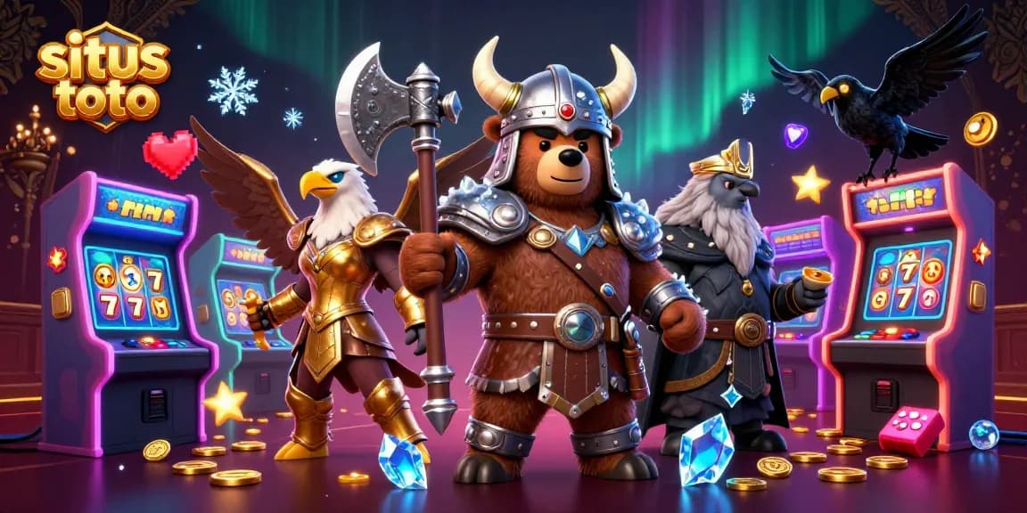 Engage in situs toto with vibrant gaming elements in this dynamic 3D casino scene featuring a Viking beserker and Valkyrie.