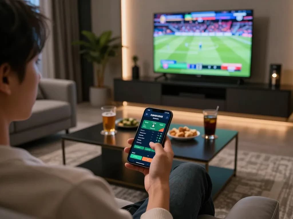 Engaging in kèo nhà cái sports betting through a smartphone in a modern lounge setting.