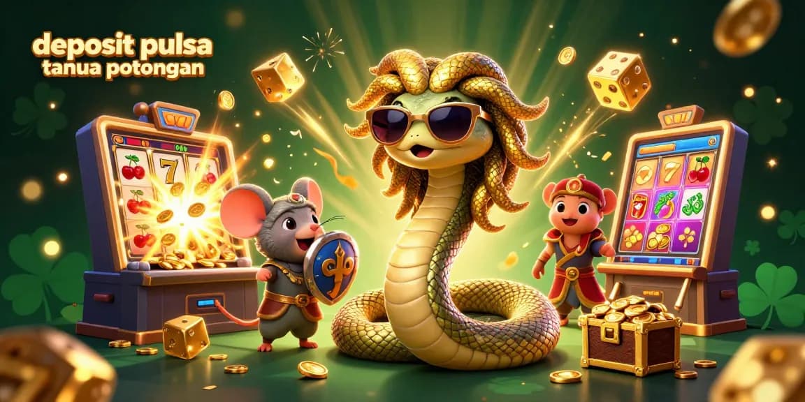 Experience the thrill of deposit pulsa tanpa potongan with this vibrant casino illustration showcasing a Medusa snake-lady and a warrior mouse amid a lively slot machine.