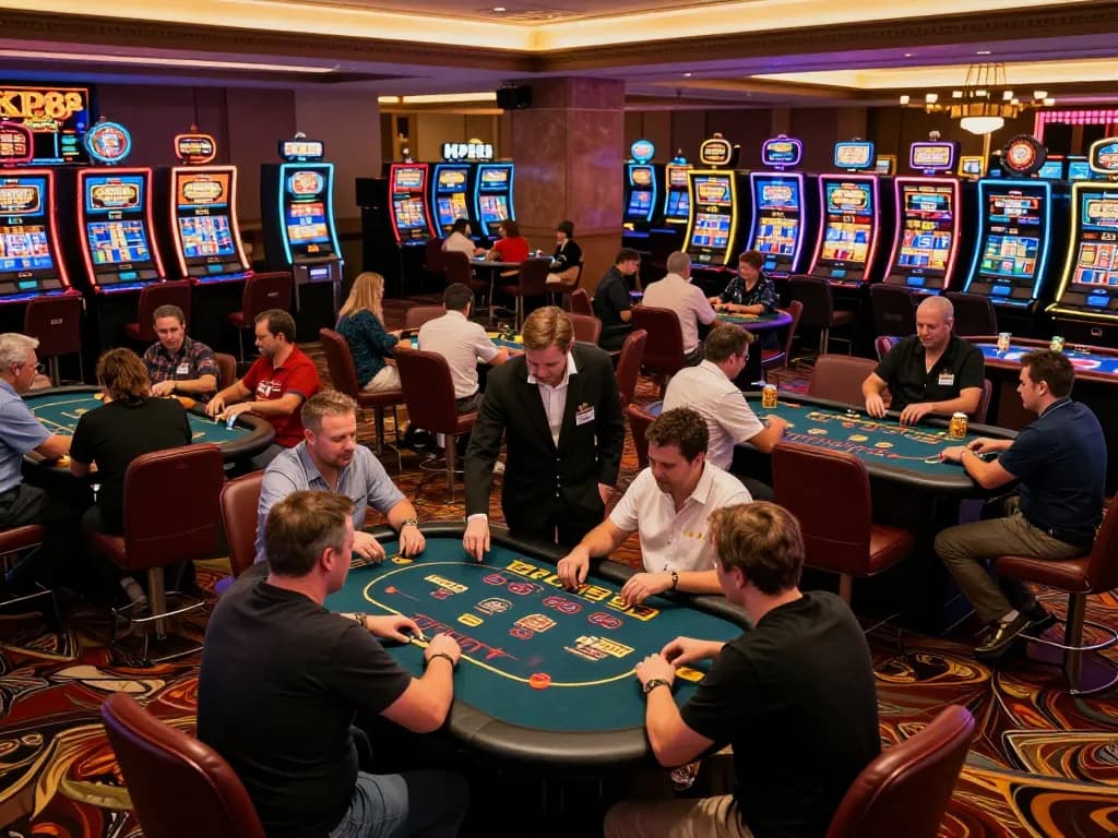KP88 players engaged in intense poker games at a vibrant casino floor