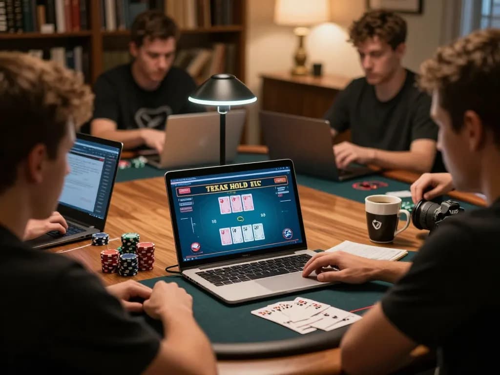 jagoan86 online poker session with engaged players using laptops in a cozy home setting.