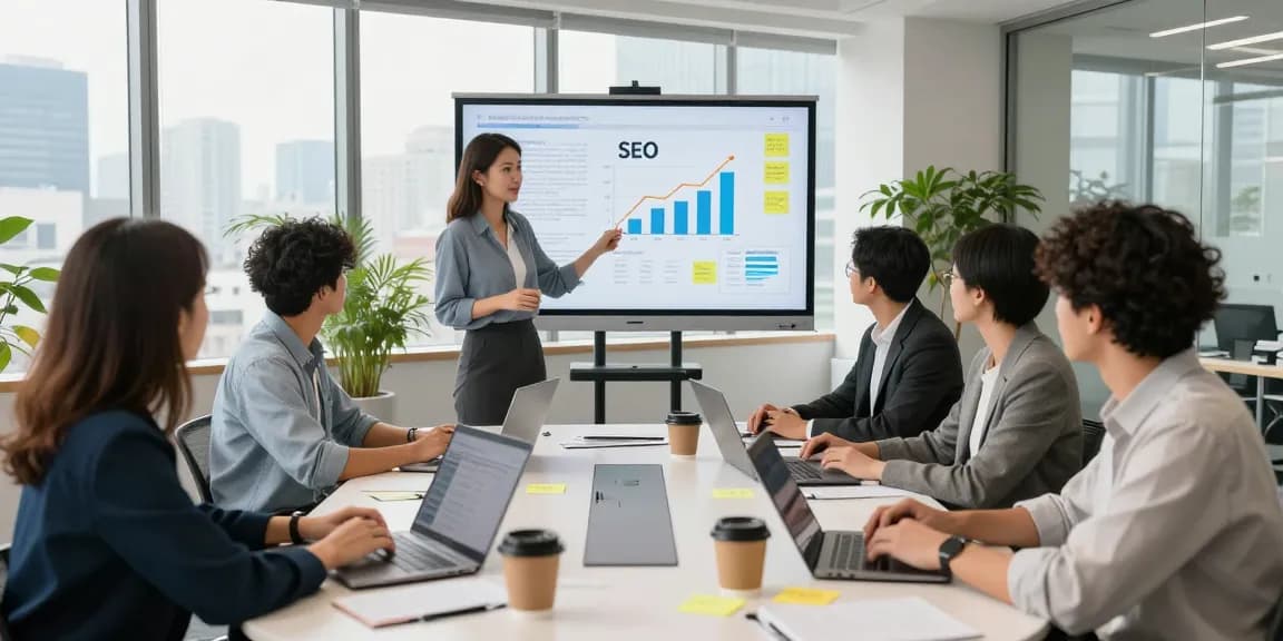 SEO team discussing strategies for Homge page links for boost in modern office