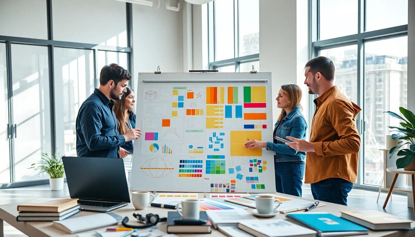 Team of designers at https://bestdesignersintheworld.com/ discussing innovative ideas with vibrant sketches.