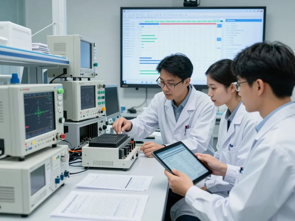 Engineers conducting CE compliance testing in a modern lab with advanced technology and collaborative workspace.
