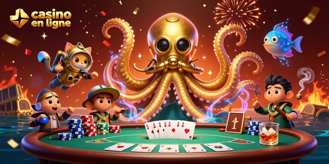 Jouer au casino en ligne avec un kraken et un chat plongeur dans une scène festive.
