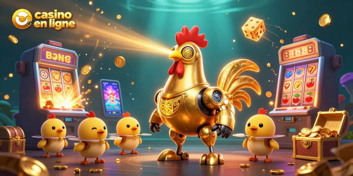 Gagnez avec casino en ligne : un robot coq doré lance des lasers en gravant des motifs.