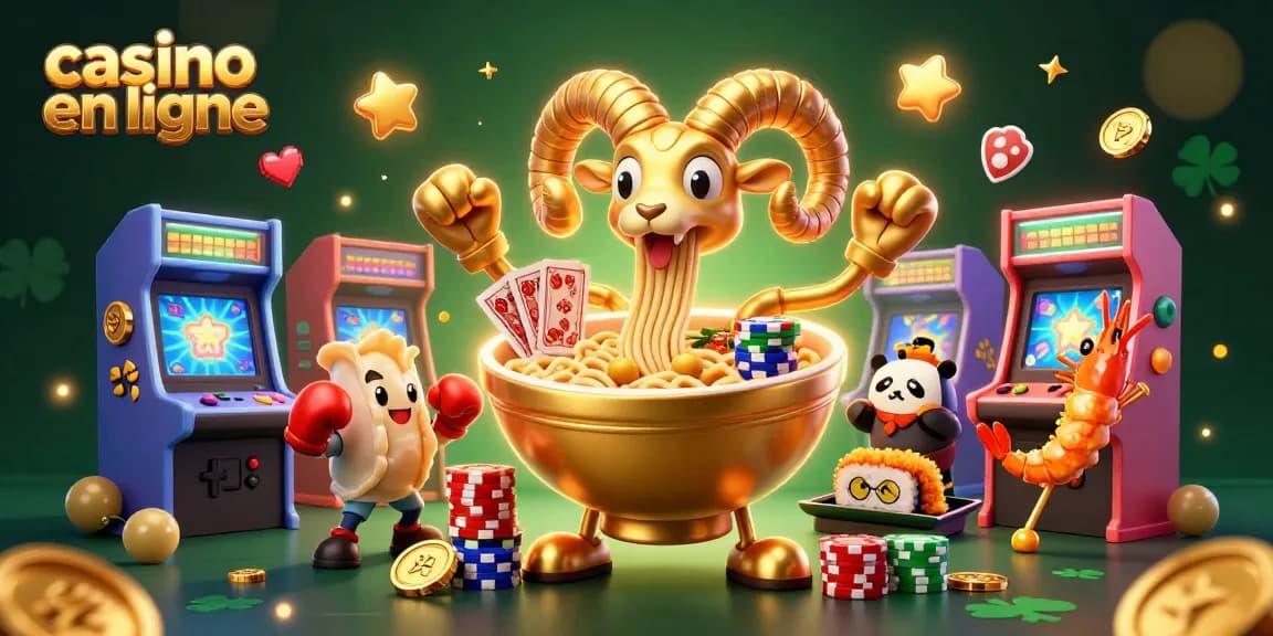 Casino en ligne avec un bol de ramen géant et un gyoza, célébrant le jeu et les gains.