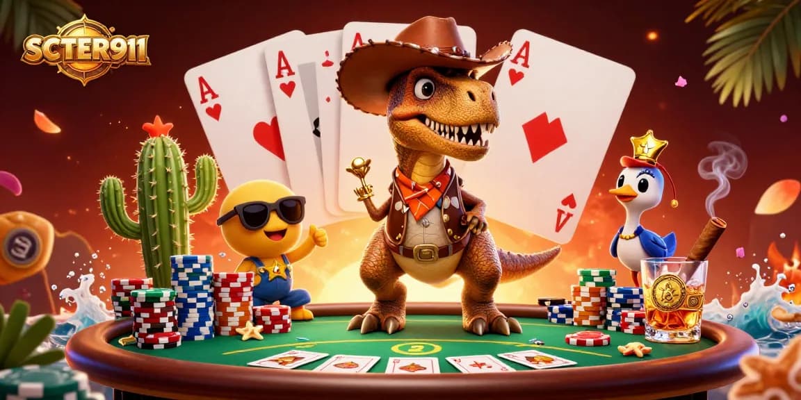 Engage with SCATTER911's colorful casino scene featuring a T-Rex and poker elements.