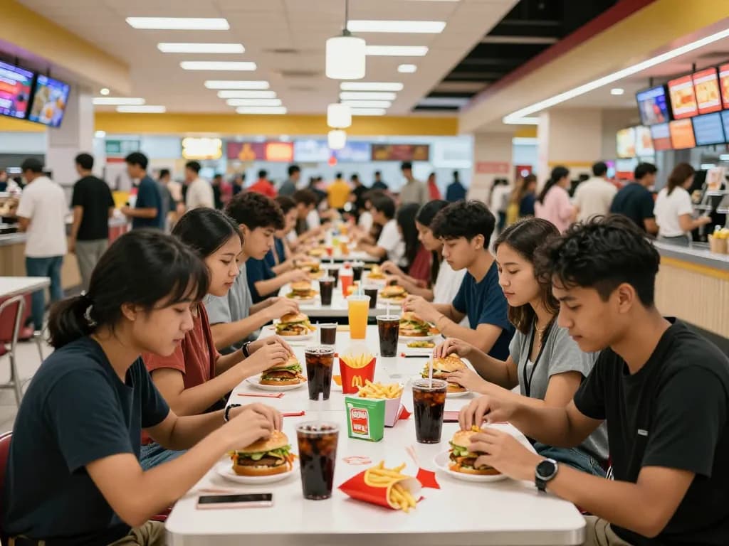 Fast food menu items shared among friends in a busy food court.
