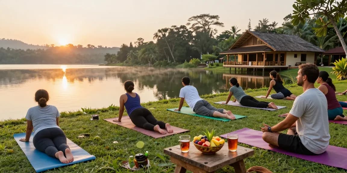 Yoga teacher training Sri Lanka at sunrise on Koggala Lake with diverse students practicing poses in a serene jungle retreat.