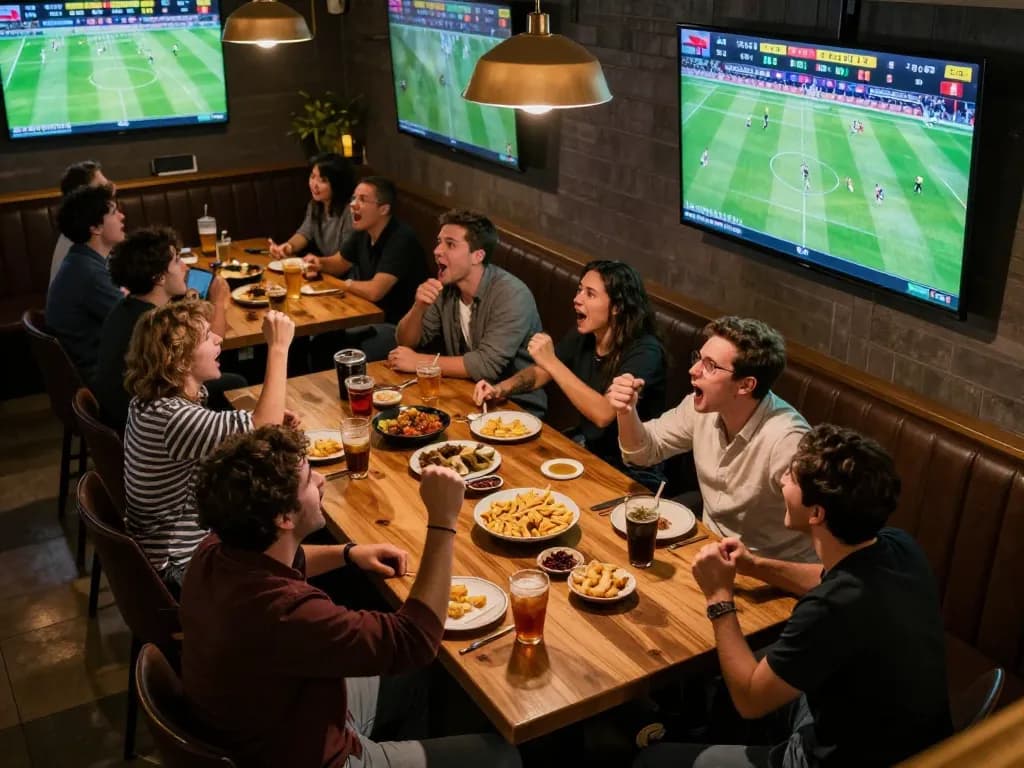 Watching live football matches on Socolive while enjoying snacks and drinks in a lively sports bar atmosphere