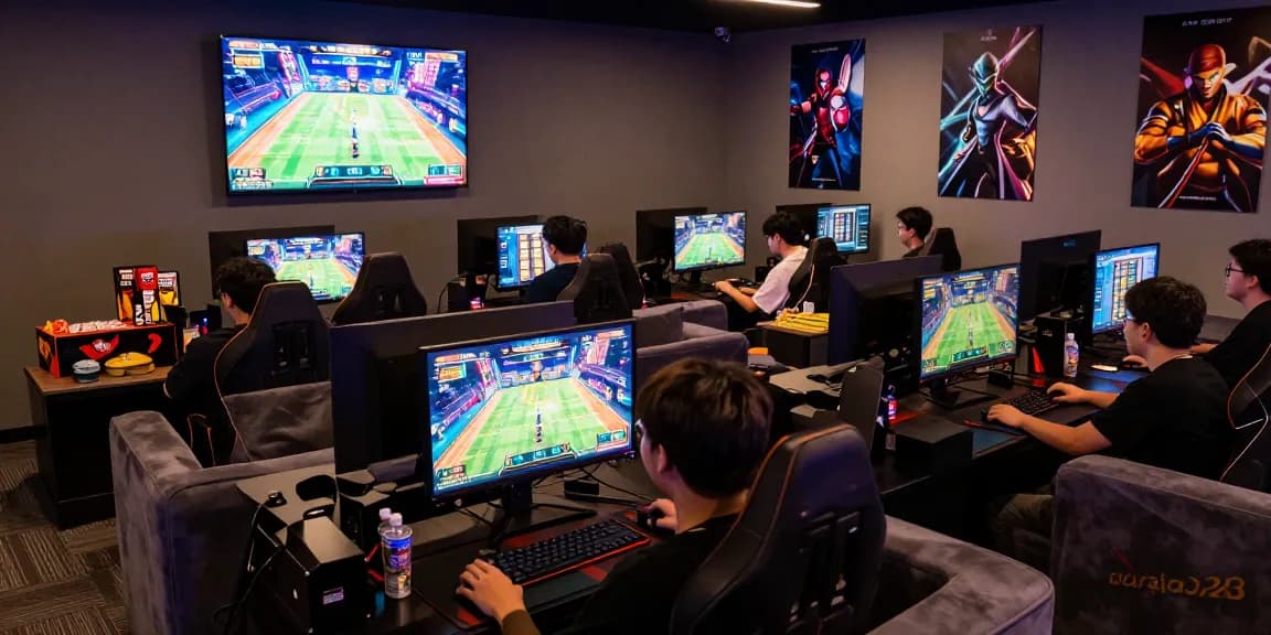 Youth gaming at situs raja328 in a vibrant lounge with modern tech.