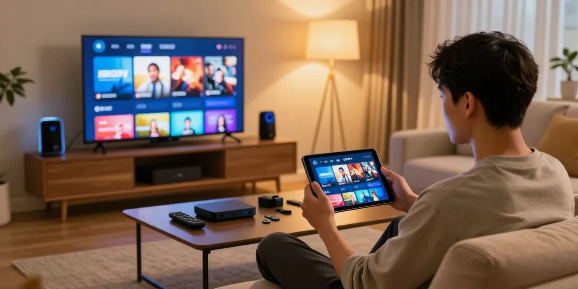 Téléchargement de l'application IRON TV PRO sur une tablette dans un salon moderne.