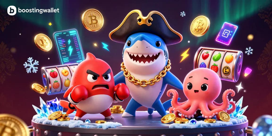 Boostingwallet showcases a 3D pirate shark, pufferfish, and octopus in a vibrant casino scene.