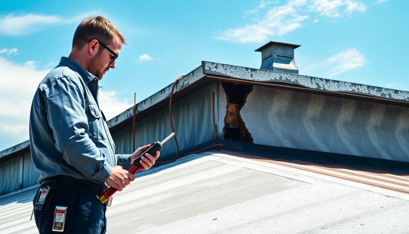 Inspecting spray foam roof damage on a commercial building roof, highlighting urgent repair needs.