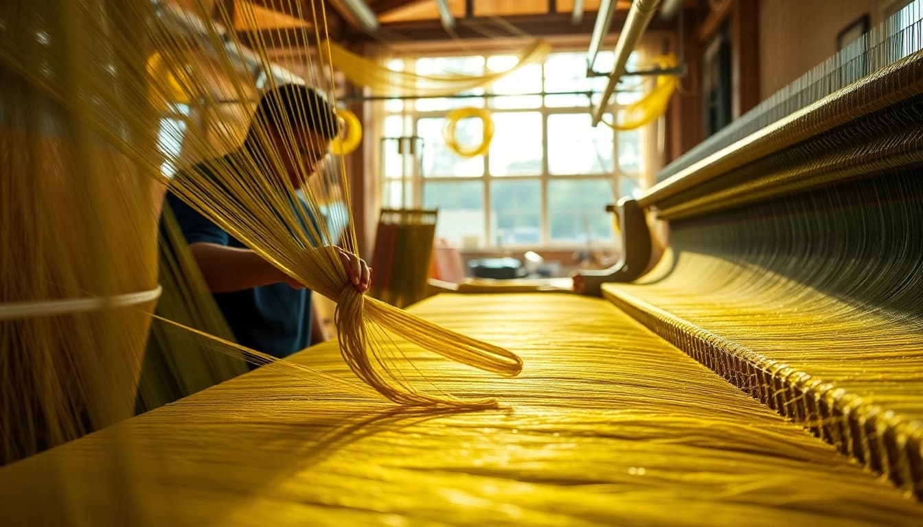 Viscose threads being skillfully woven by an artisan in a vibrant workshop.