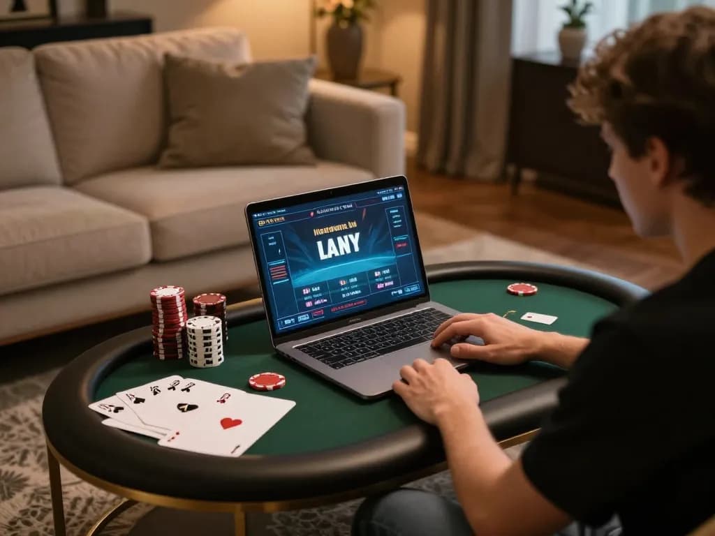 Player engaging in exciting online poker at 68gamebaivn, showcasing strategic gaming setup and comfortable ambiance