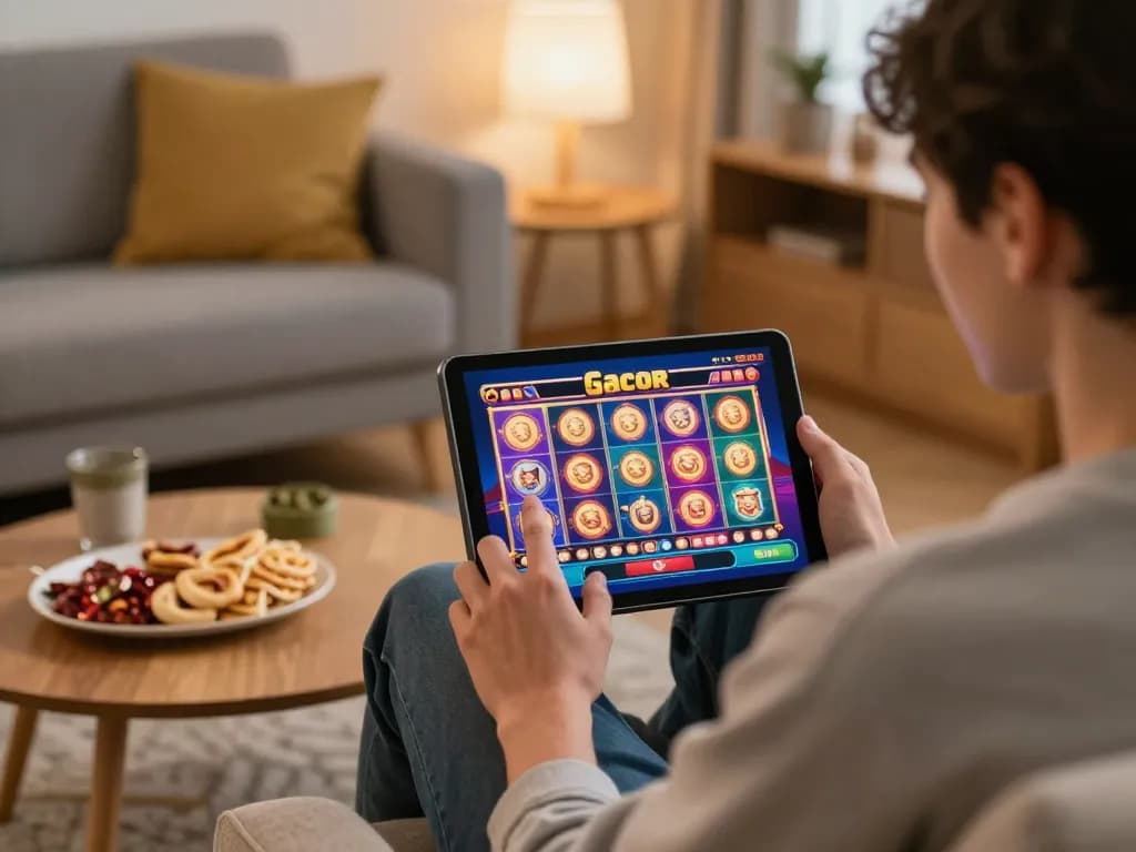 Engaging moment playing slot gacor on a tablet in a cozy living room setting, showcasing responsible gaming.