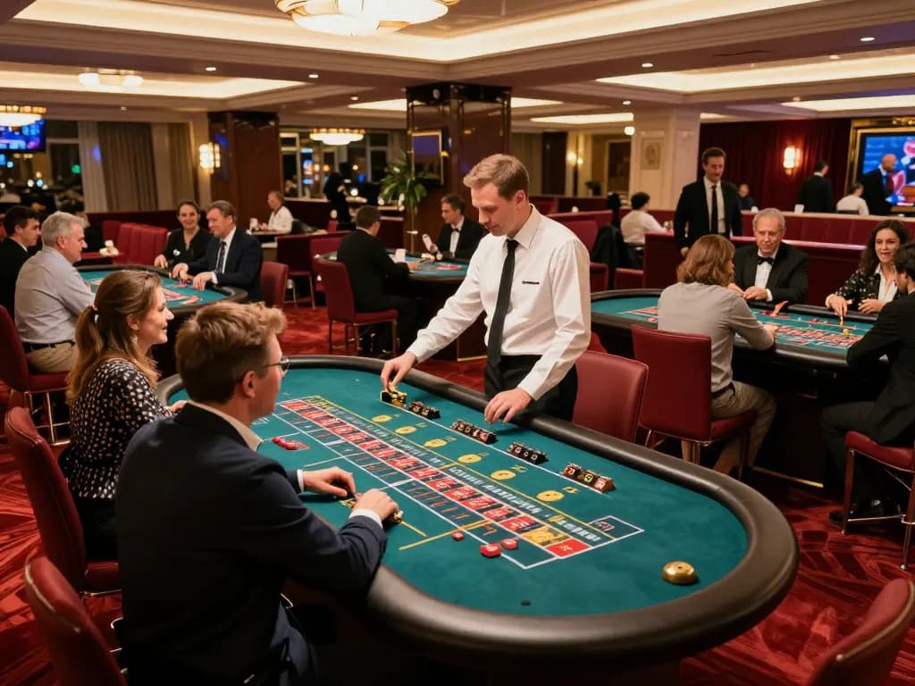 Experience the excitement of king33 at an elegant casino with players engaged in roulette