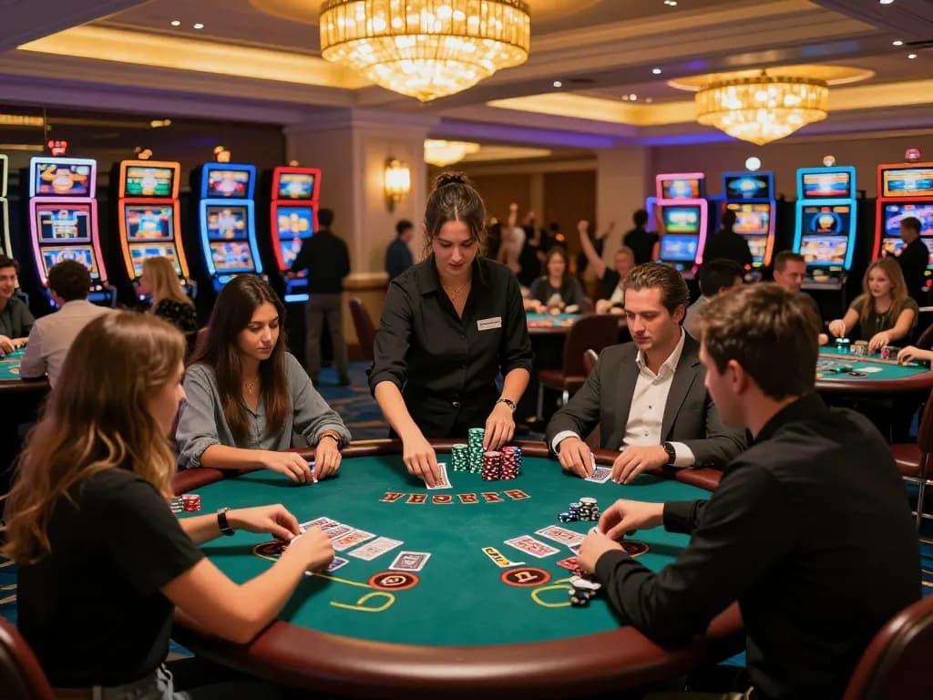 Alo8 blackjack players strategizing their bets at an upscale casino table under warm lighting.