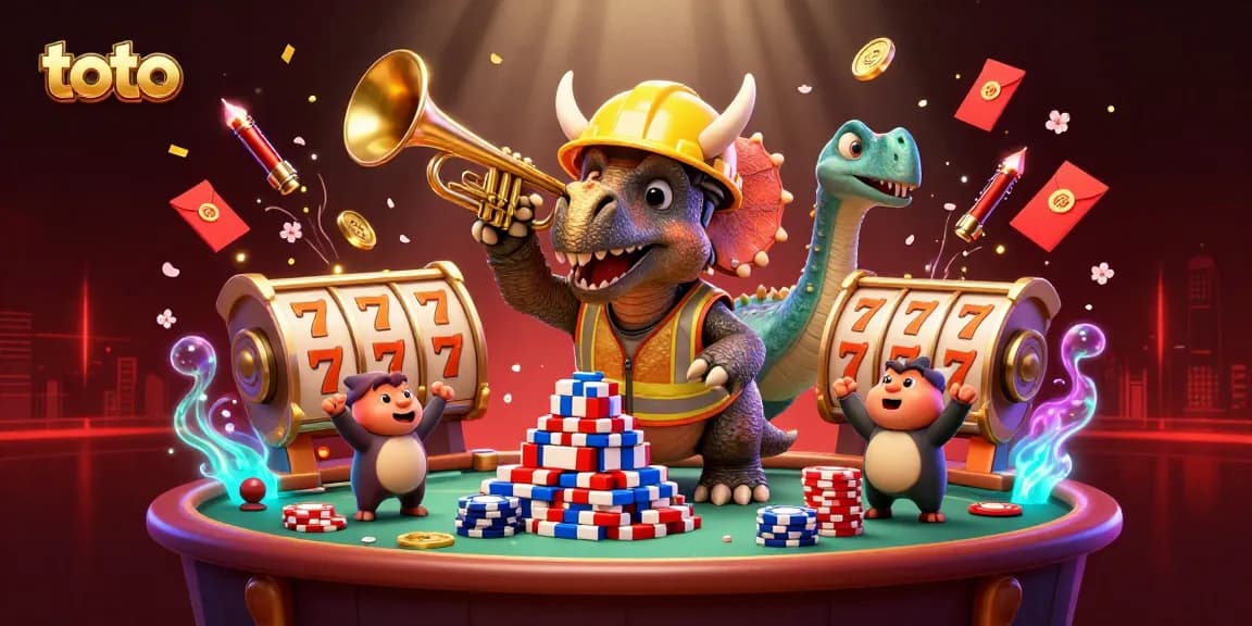 Engage with the thrilling gambling world featuring toto, with a vibrant scene of animated characters and casino elements.