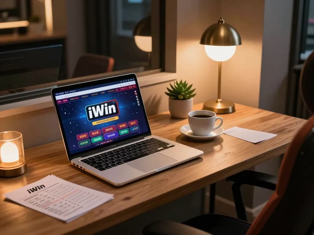 Player engaging with the iWin online casino interface in a cozy home gaming setup