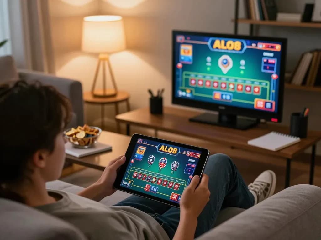 Engage with ALO8 for an exciting online casino gaming experience in a cozy home setup.