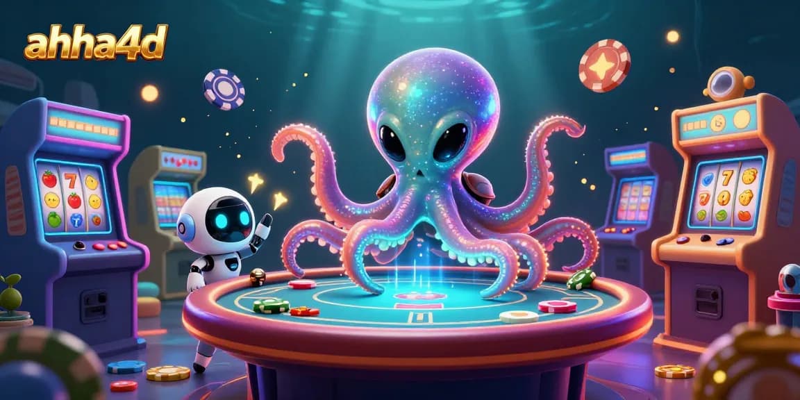 ahha4d gaming experience with an alien octopus and casino elements at a holographic poker table.