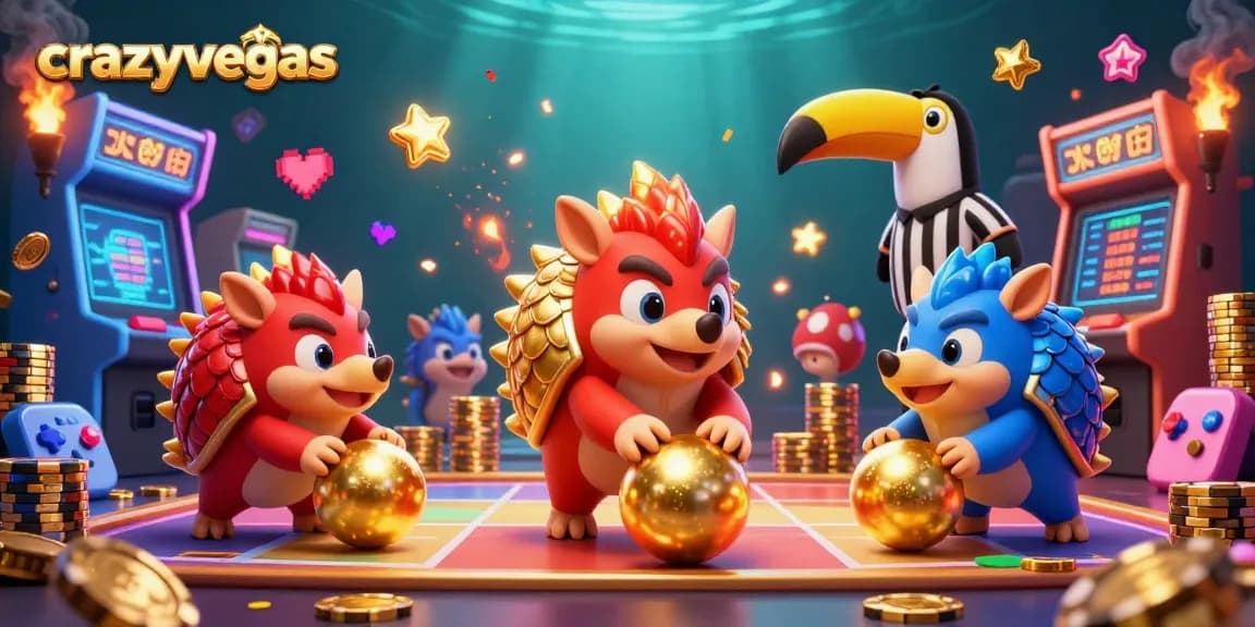 Crazyvegas showcases rival pangolins bowling through poker chips in a vibrant gaming scene.